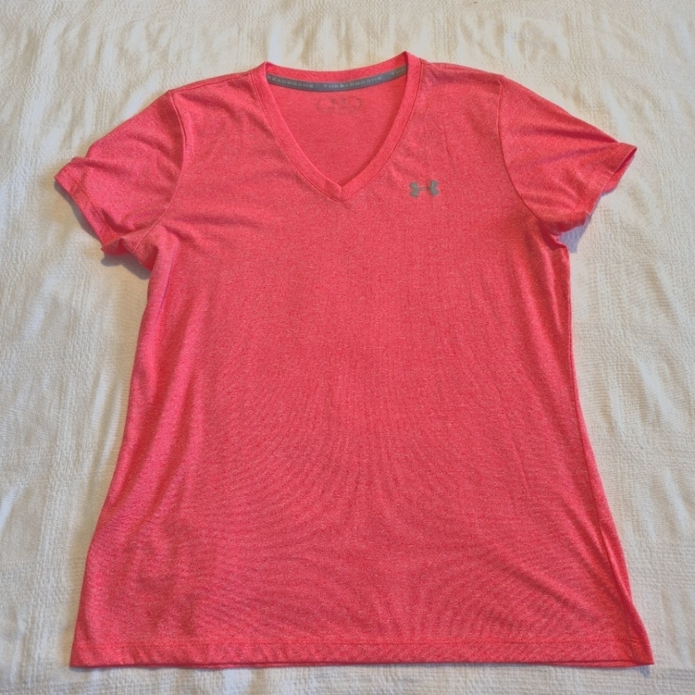 Under Armour women's size Medium neon Orange short sleeve shirt, VGUC